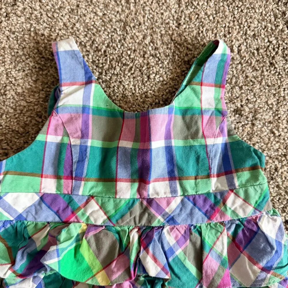 Ralph Lauren Girls Plaid Summer Ruffle Dress Size 4 Purple Blue Green